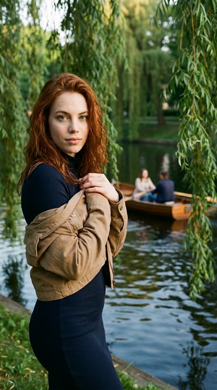 Mara, standing by a canal in Riga under willow branches